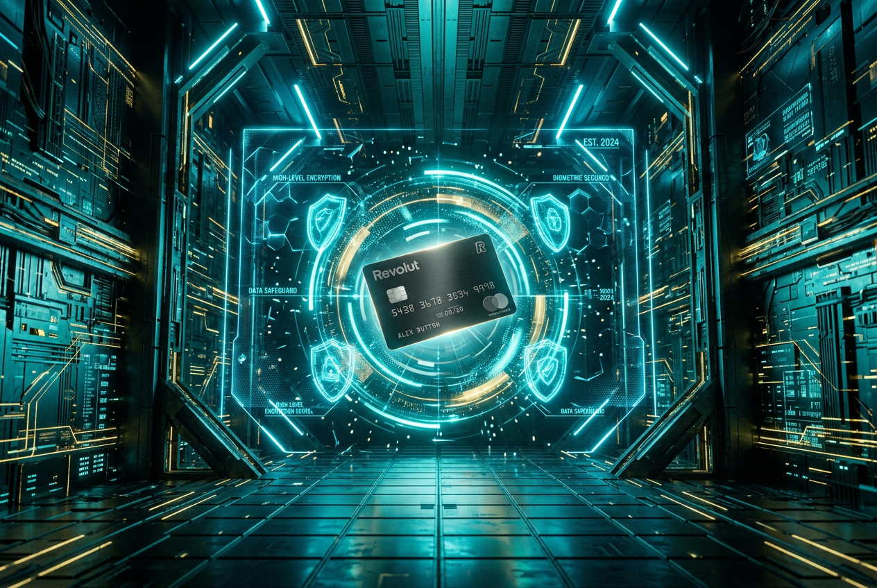 A futuristic digital vault symbolizing secure Revolut transactions.