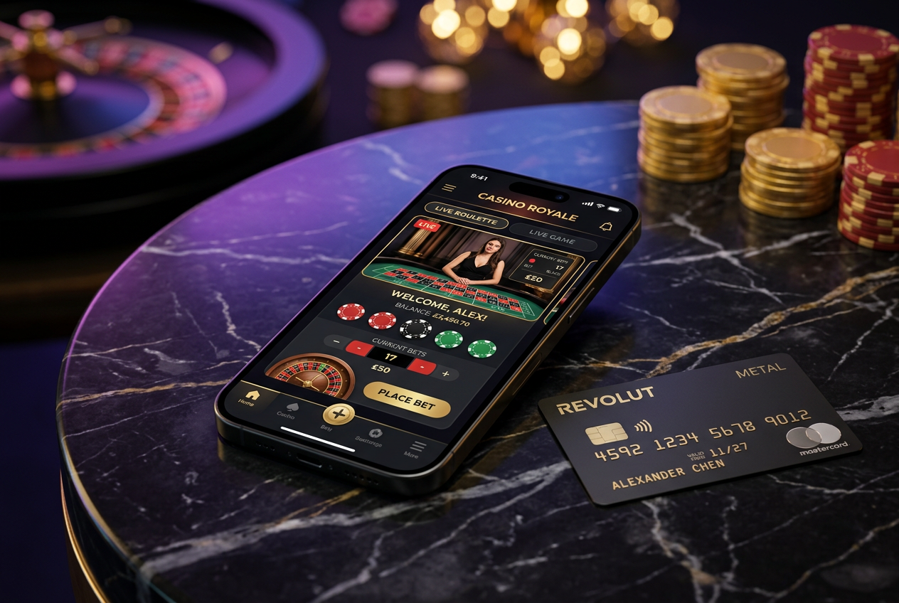 Sleek smartphone with a casino app and a Revolut card on a dark marble surface.