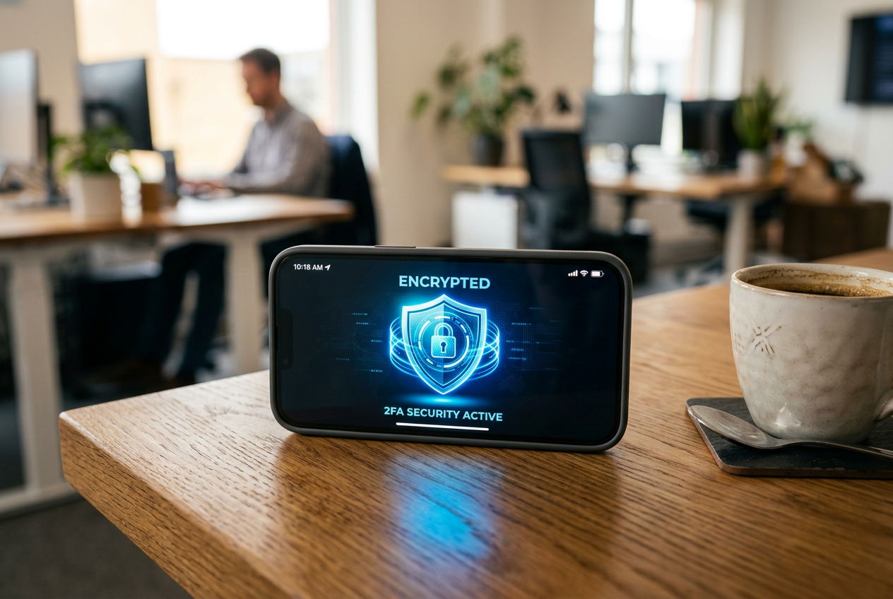 A digital security shield icon on a smartphone screen representing 2FA and encryption.