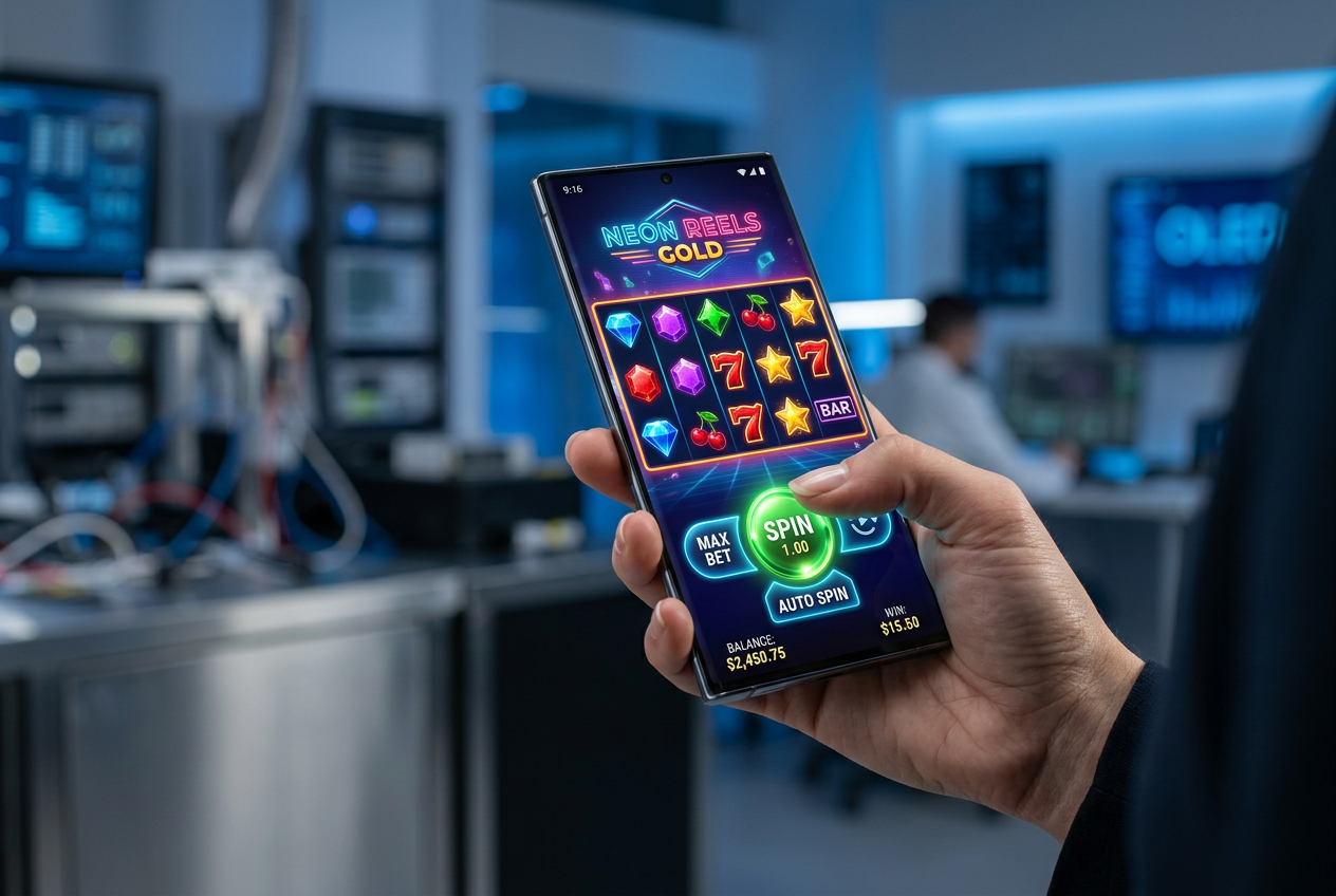 A modern smartphone displaying a vibrant slot game in portrait mode held in one hand.
